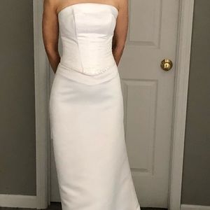 White wedding dress with beaded top & train.